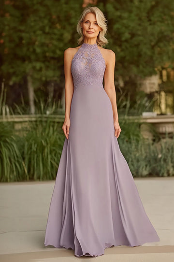 Robe longue mère de la mariée en dentelle lilas lilac